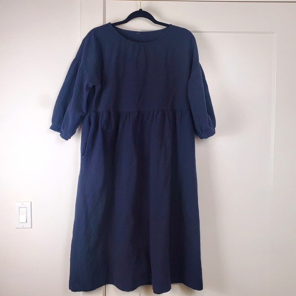 Unbranded Linen Look Babydoll Midi Dress Womens 1X Navy Blue 3/4 Sleeve Pocket